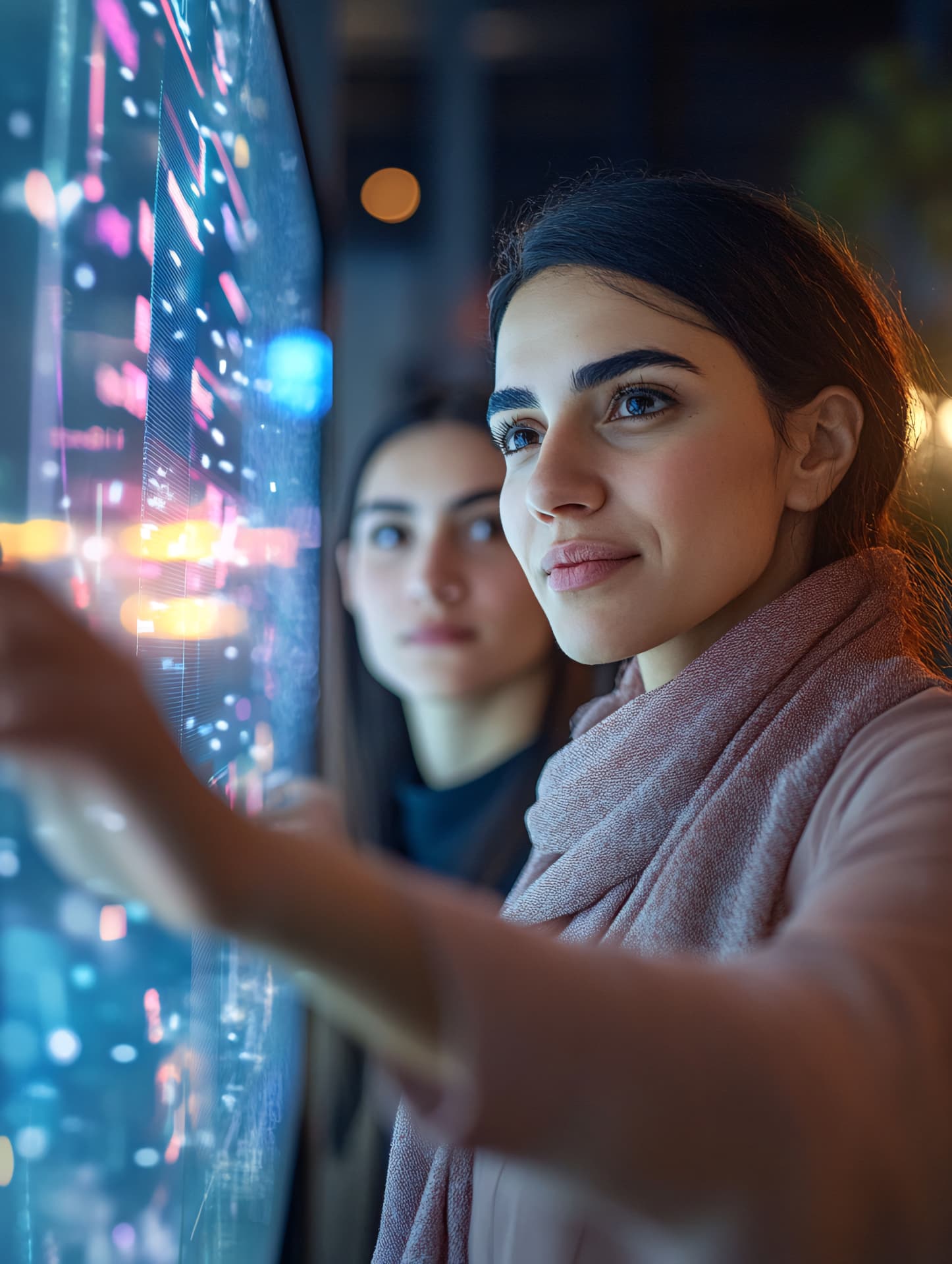 Two colleagues reviewing workforce data on a large touchscreen