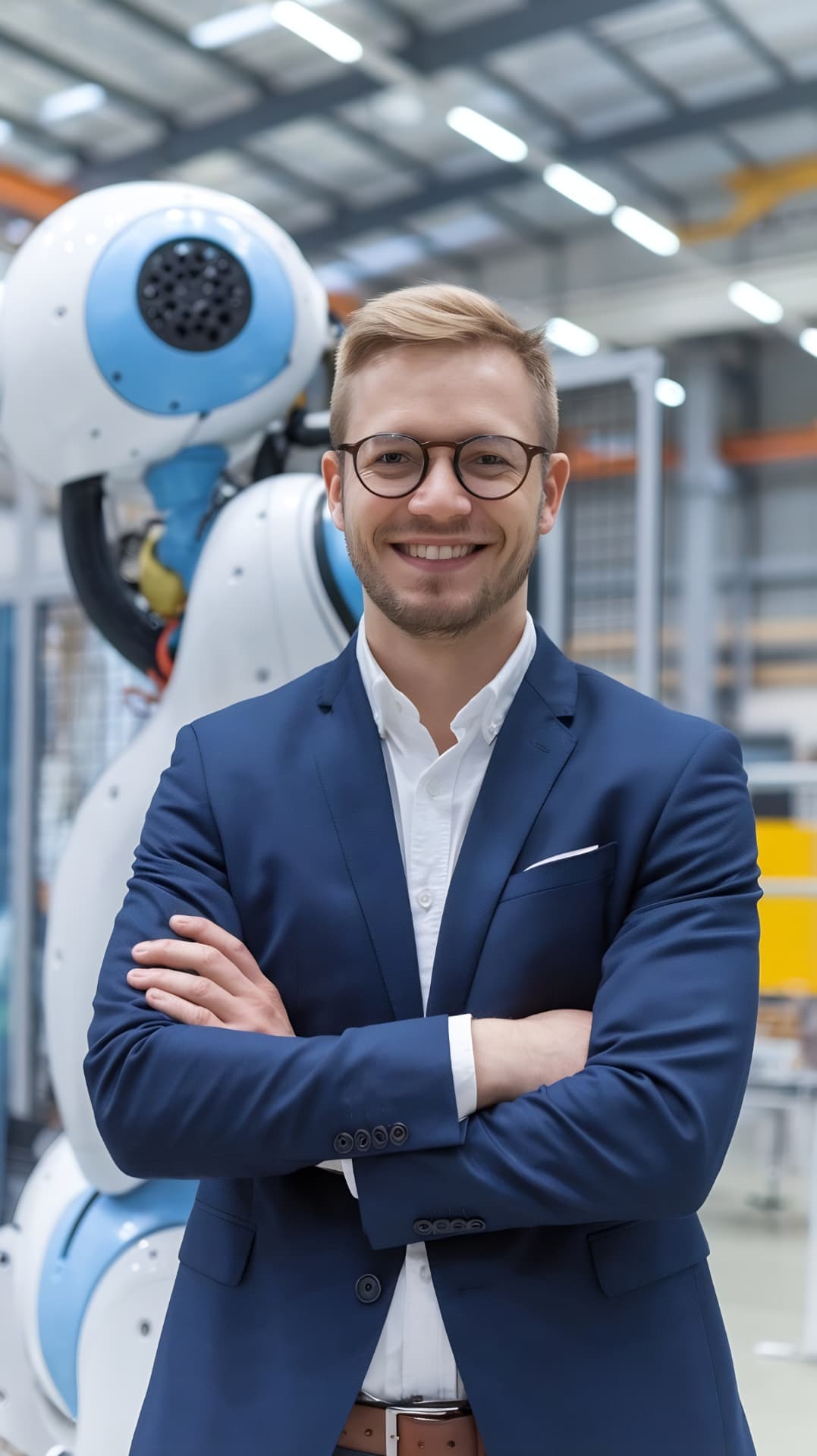 Workforce leader beside advanced industrial robotics